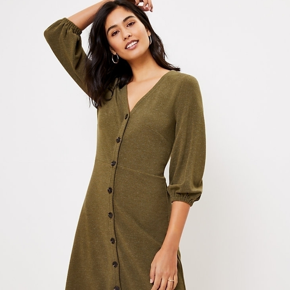 LOFT Olive Green Ribbed V-Neck Shirtdress S